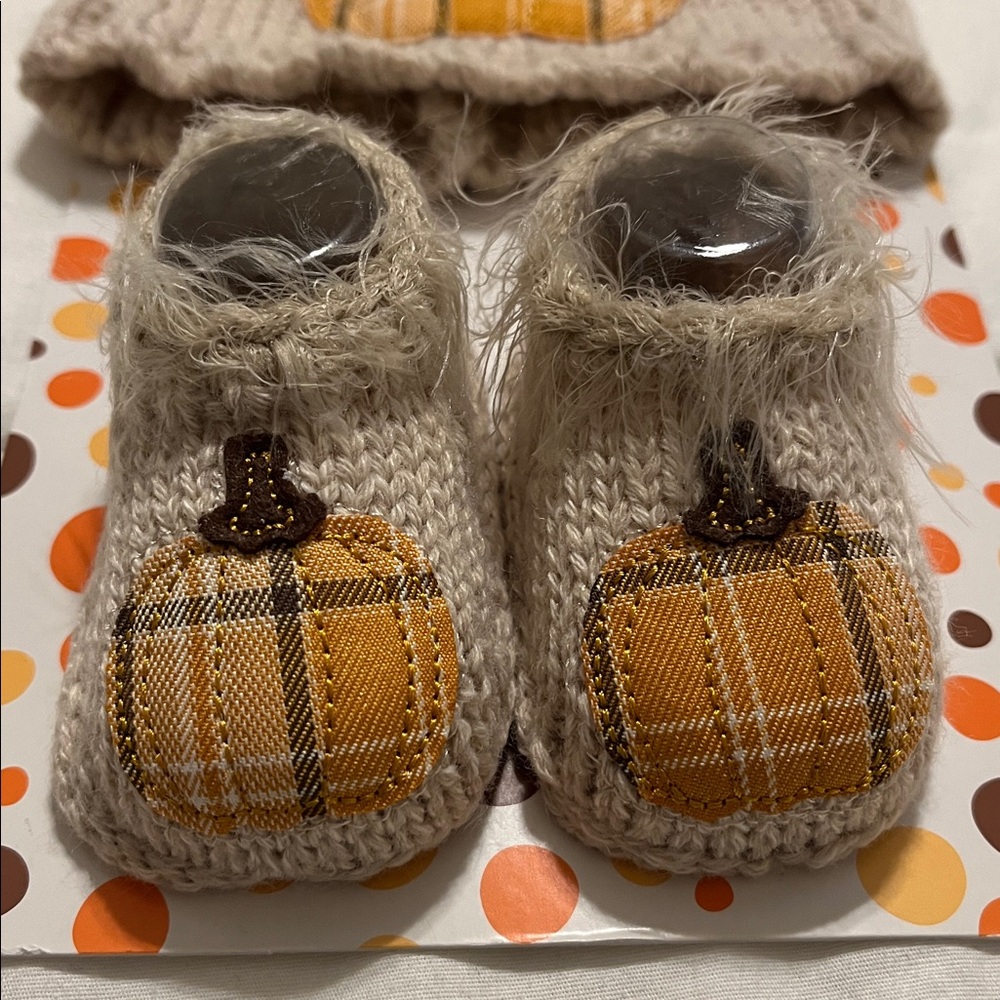 Little Me Beige Pumpkin Knit Hat and Booties Set - Picture 2 of 5